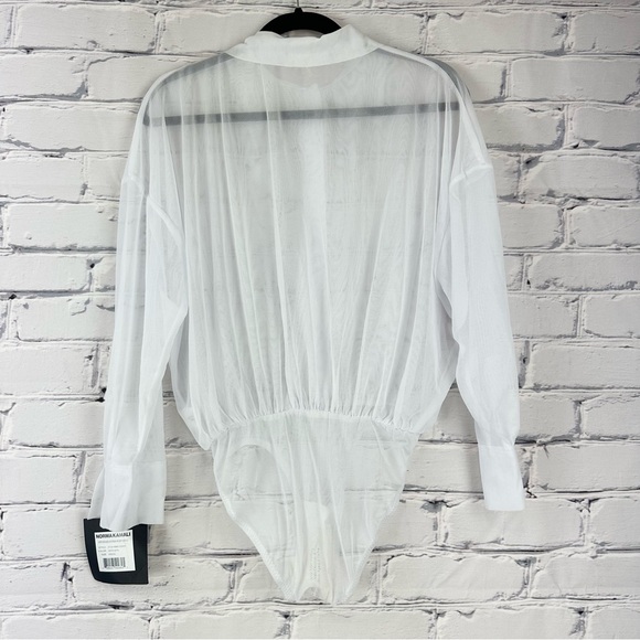 Norma Kamali Super Oversized Boyfriend Shirt Bodysuit White XXS Mesh Revolve - Picture 3 of 15